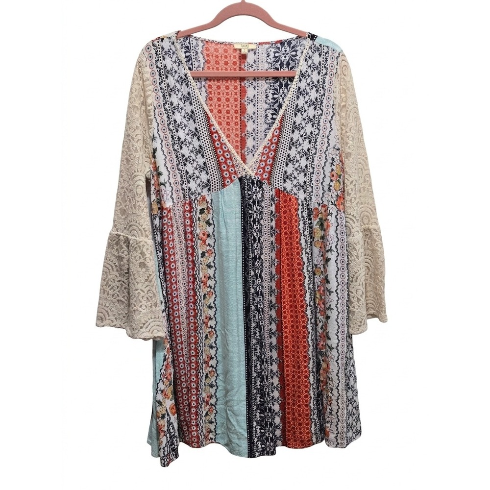 Kori America Boho Mixed Patchwork Lace Bell Sleeve V-Neck Mini Dress Large - Picture 2 of 7